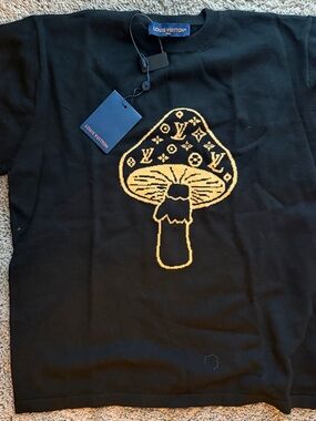 Louis Vuitton Black Tee with Gold Mushroom Motif